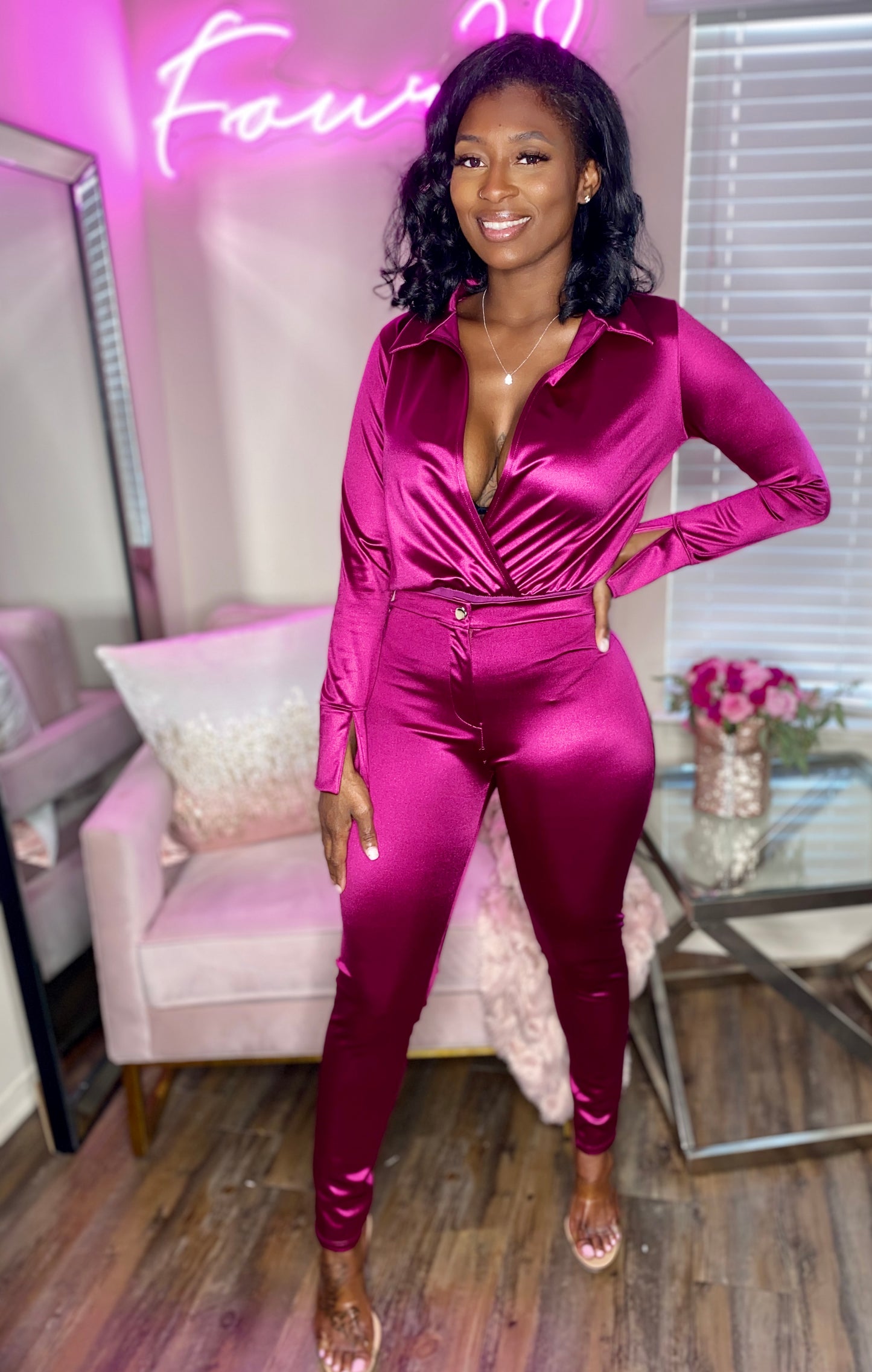 Satin Power Bodysuit Pant Set